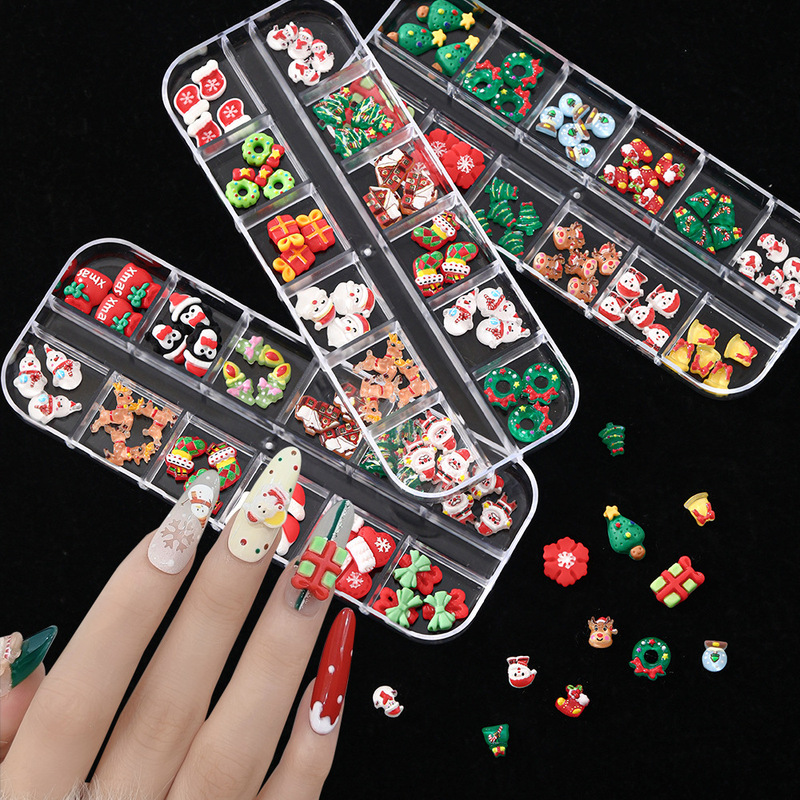 Cross-Border New Christmas Cartoon Nail Art Accessories Wholesale Mixed Christmas Tree Cute Elk Resin Nail Diamond Accessories