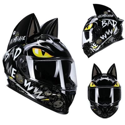 motorcycle helmet, suitable for travel and, Motosiklet kaskı (dəbilqə) - black-printed-cat-transparent-lenses-s50-53cm