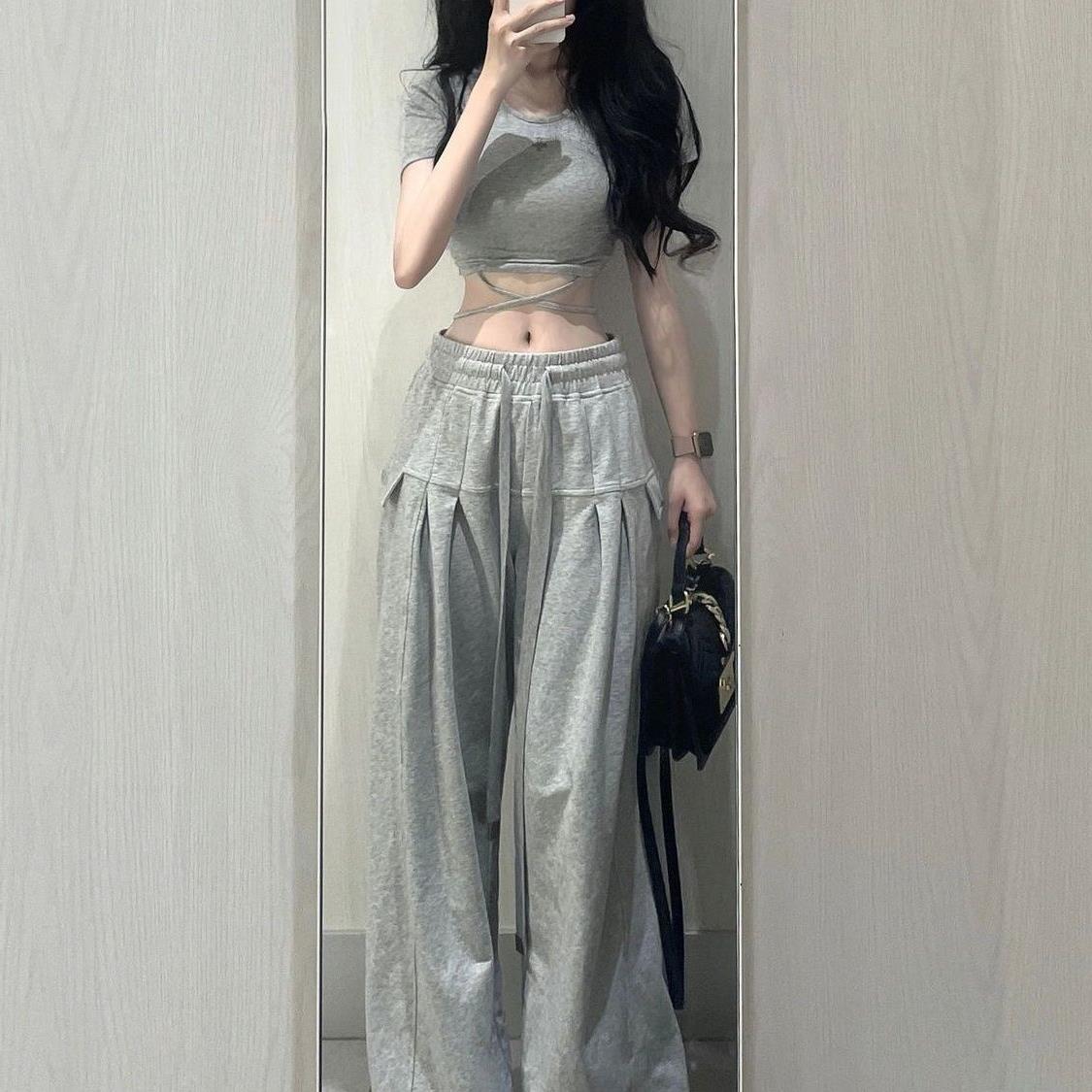 American retro vintage gray casual pants for women, summer style, drawstring waist, loose fit, drape, thin wide-leg pants