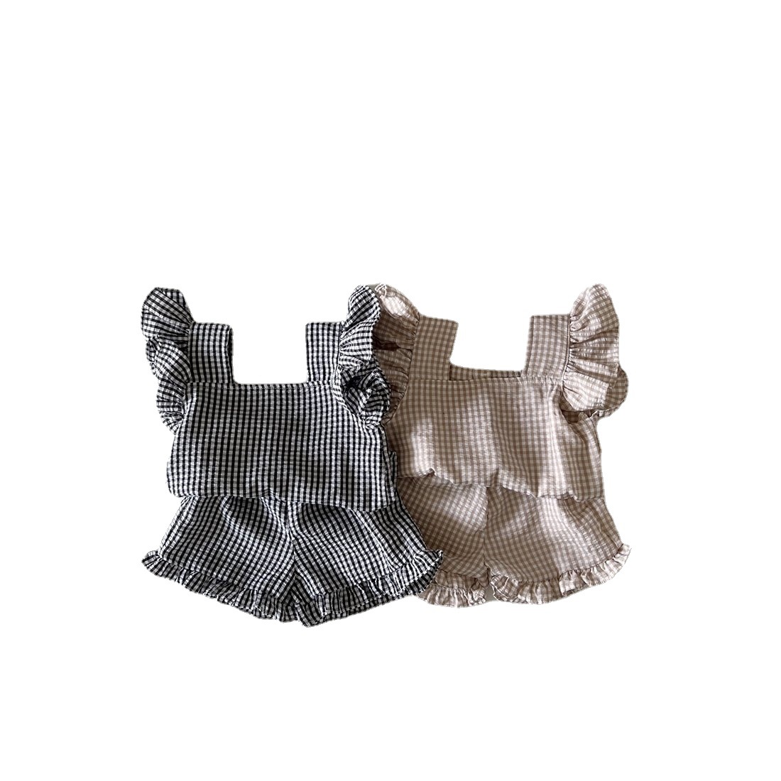 Traje de correa para la oreja de madera para niñas Ropa para niños de estilo coreano Traje a cuadros de niña delgada de verano Bebé Traje de dos piezas de verano