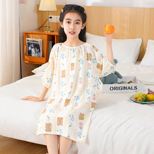 Summer Girls Cloud Cotton Short-Sleeved Nightgown Little Girl Princess Style Home Clothes Medium and Large Children Cartoon Casual Nightgown