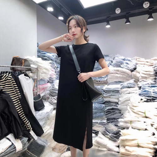 730 Summer Dress for Women - Casual, Abdominal Covering, Plus Size, Loose, Medium Long Length, Knee Covering, Base Layer with Slit, Short Sleeve Tunic Dress