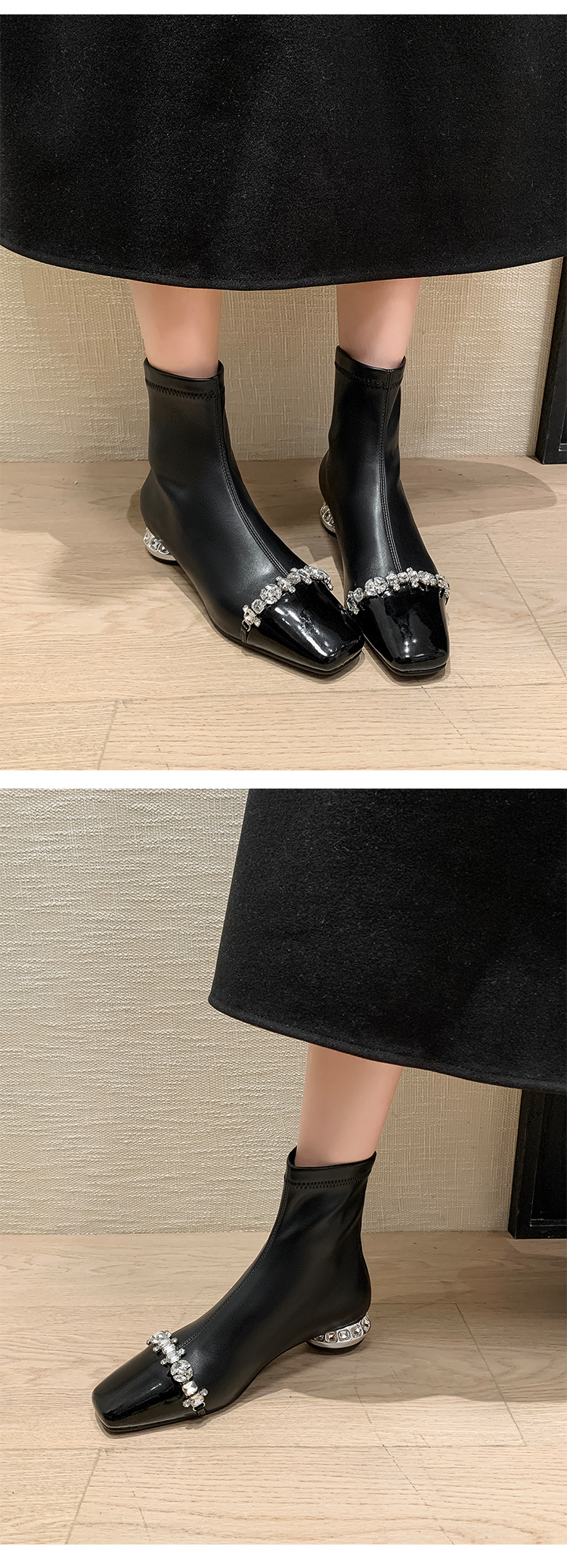 Boot ngắn nữ mũi vuông gót thấp khóa kéo sau chất nhũ đá phong thủy — nhung đen chi tiết 17