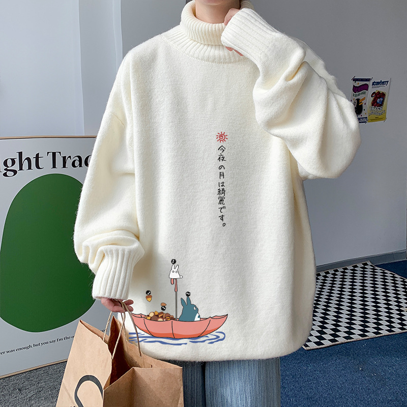 Japanese Turtleneck Sweater Men's Autumn and Winter Artistic Casual fleece-lined Thickened Knitted Coat Totoro Fashionable Loose Sweater