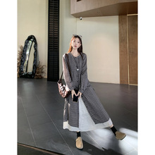 慵懒风复古格子叠穿长袖衬衫提花半身裙女2025秋季新款时尚套装潮