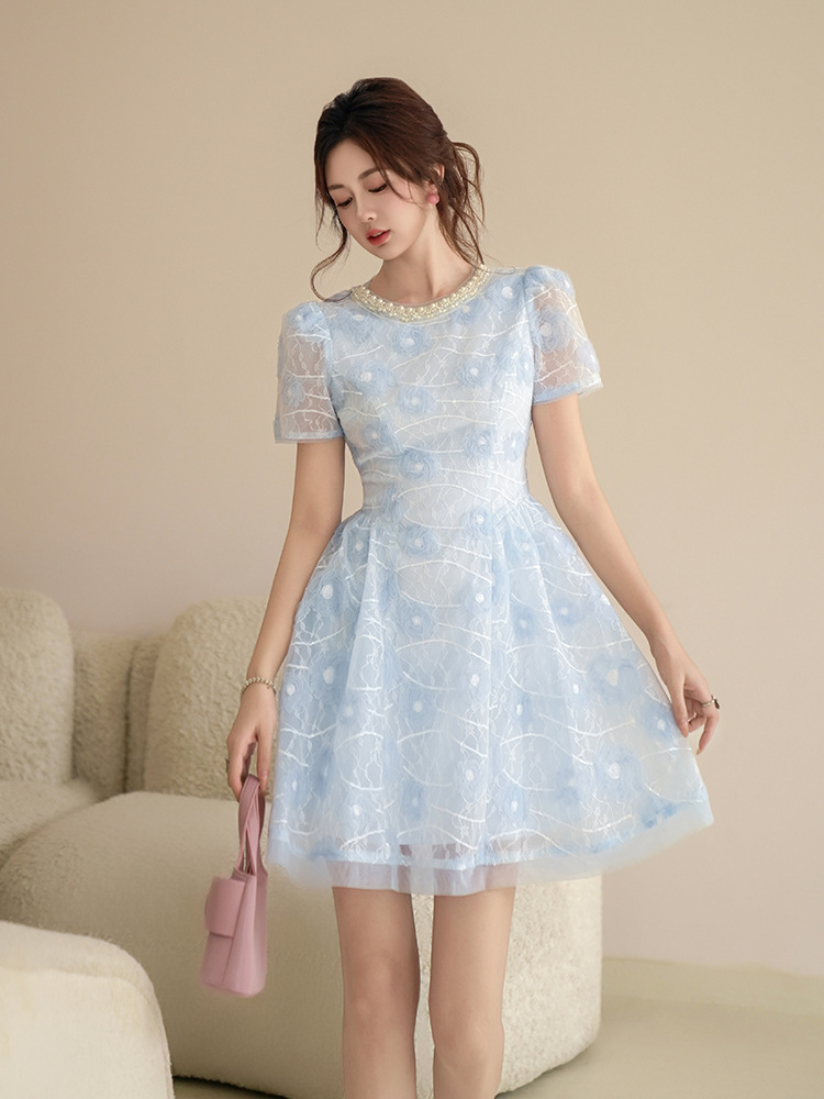 Váy cổ tròn chữ A ngắn tay mùa hè phong cách retro Pháp eo thon — màu xanh