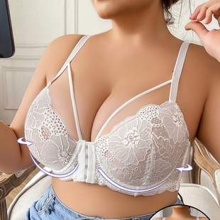 European and American Style Large Bust Minimizing Bra for Women, Side Support Front Buckle Push-Up Bra, Sexy Lace Backless Bra, Thin Style in Stock