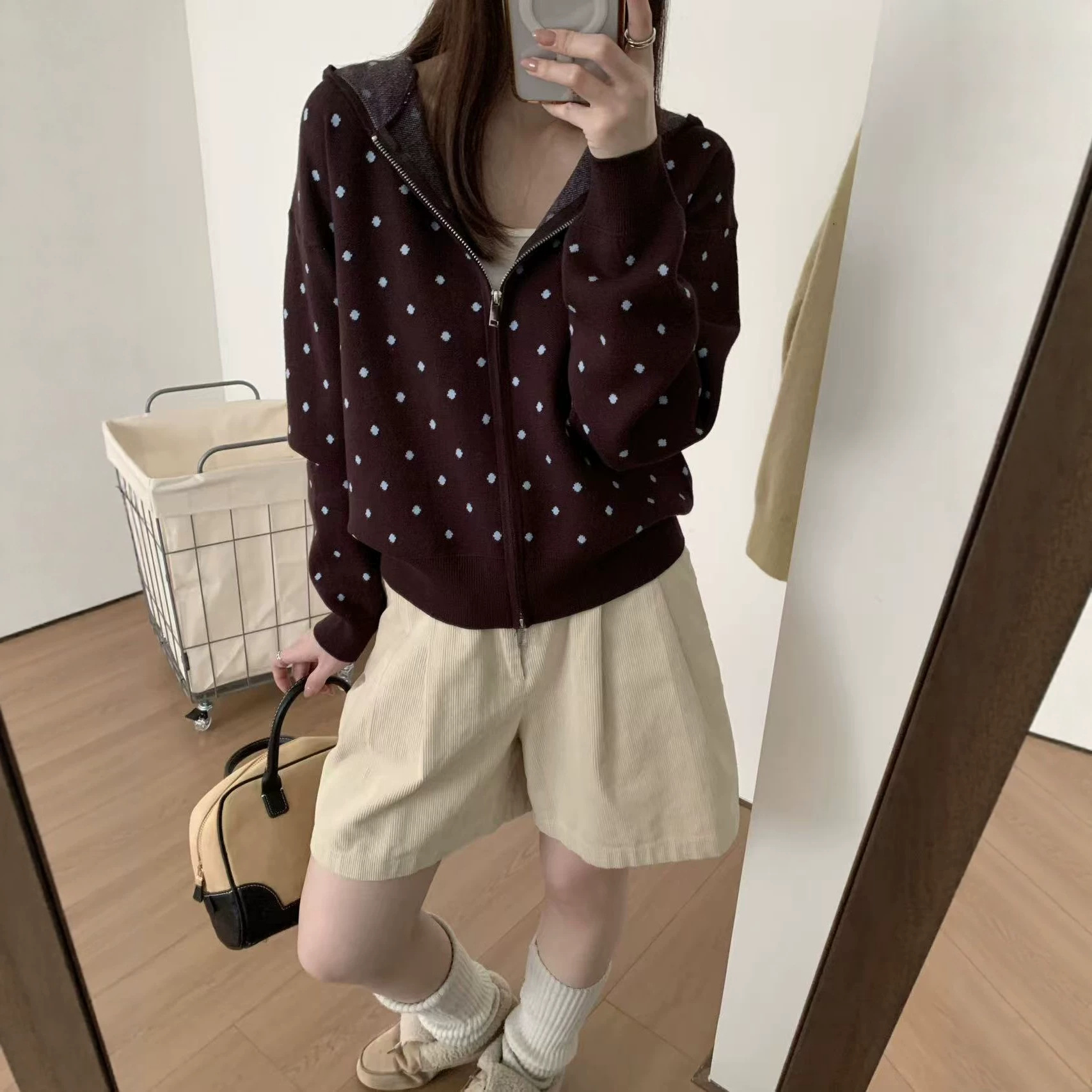 韩系撞色波点细线针织开衫连帽短款上衣双拉链宽松显瘦毛衣外套女