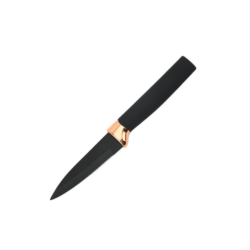 Cuchillos de acero inoxidable de cocina de punto de comercio exterior juego completo de cuchillos de cabezal de galvanoplastia de oro rosa, mango recto de hoja negra, succión de doble cara