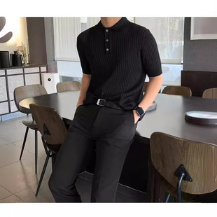 Summer Knitted Ice Silk Striped Polo Shirt Men's Short-sleeved Slim-fit Korean-style Fashionable High-end Sense Ruppy Handsome Men's T-shirt