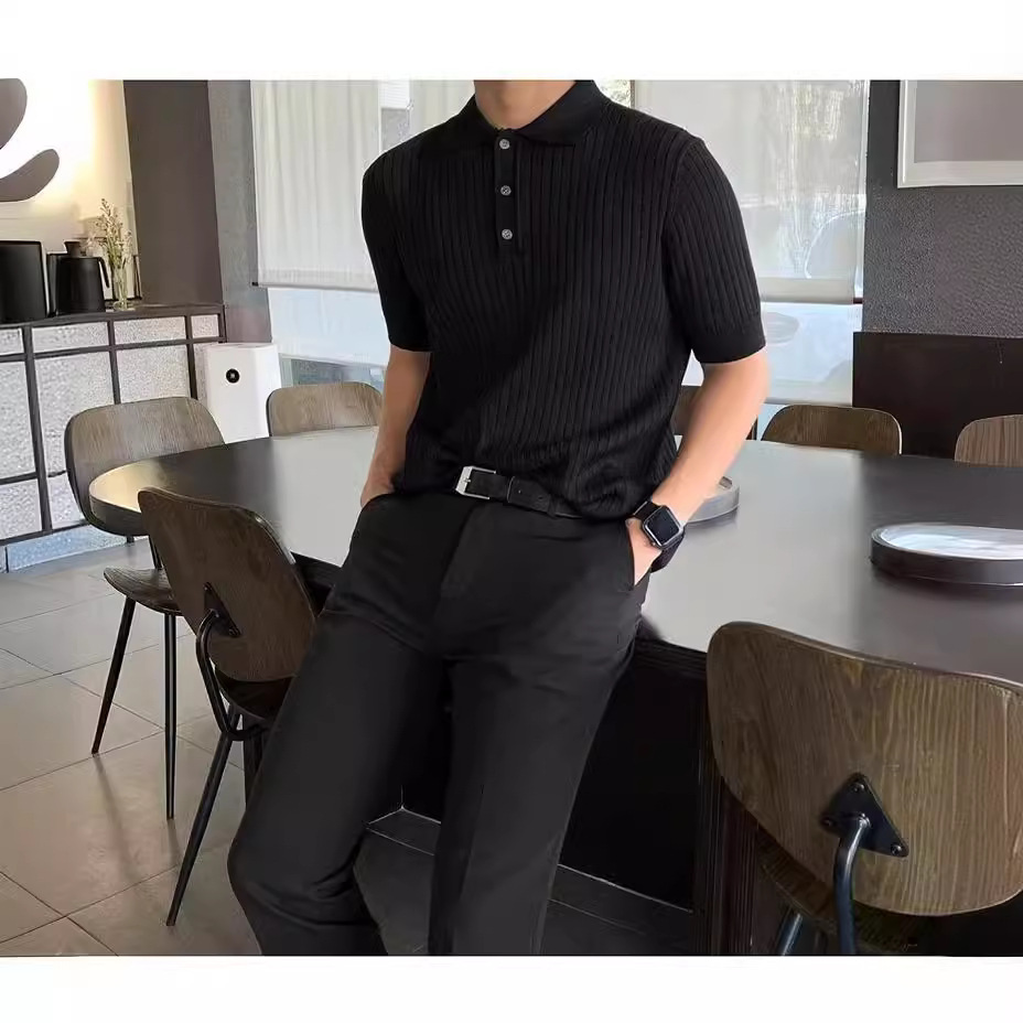 Summer Knitted Ice Silk Striped Polo Shirt Men's Short Sleeve Slim Fit Korean Style Trendy High-End Cool Men's T-Shirt