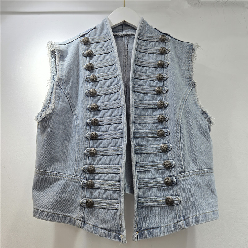 Nuevo estilo americano de estilo retrógrado corte de moda delgada industria pesada hebilla tridimensional sin mangas de cuello chaleco de mujer moda