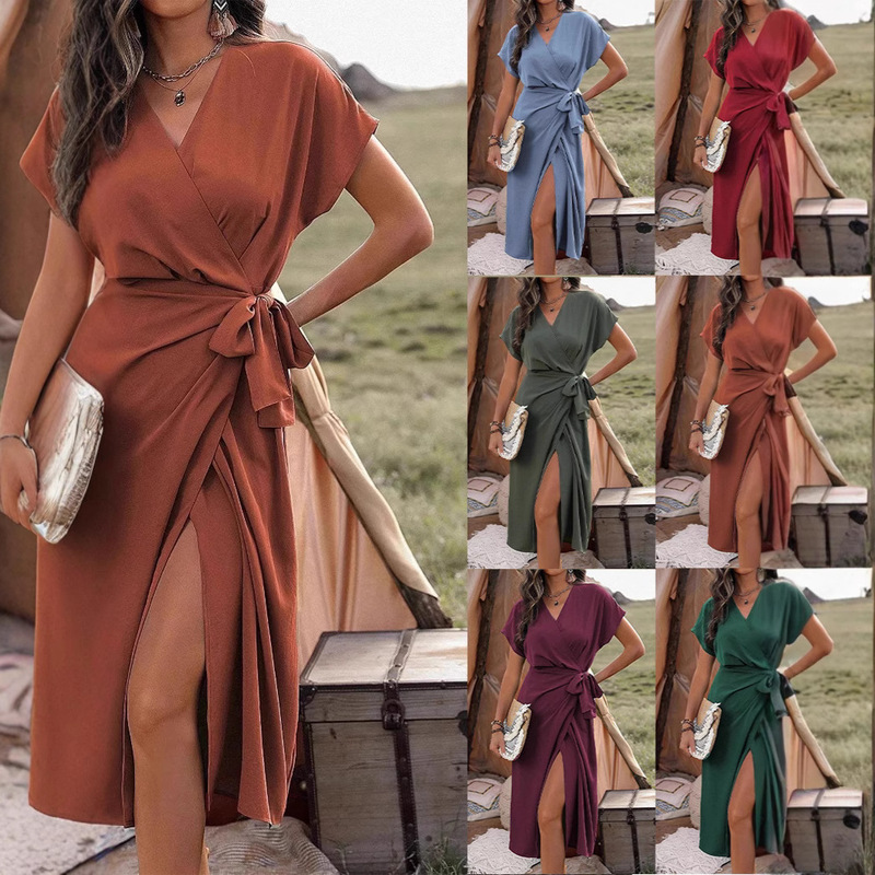 2025 Summer New Dress Amazon Commuting Fashion Forged Slit Women's Solid Color Wrap Tie Skirt