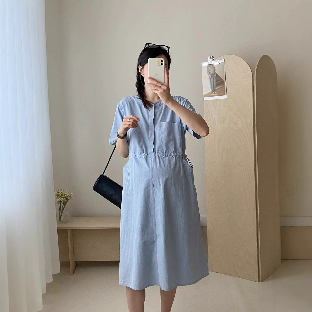 Летняя минималистская японская мода одежда для беременных нишевые дизайн однокарманный высококачественный хлопок для беременных с короткими рукавами повседневное платье