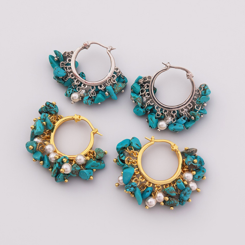 European and American fashion style turquoise tassel earrings, round copper hoop with crushed stones, handmade bohemian vintage earrings