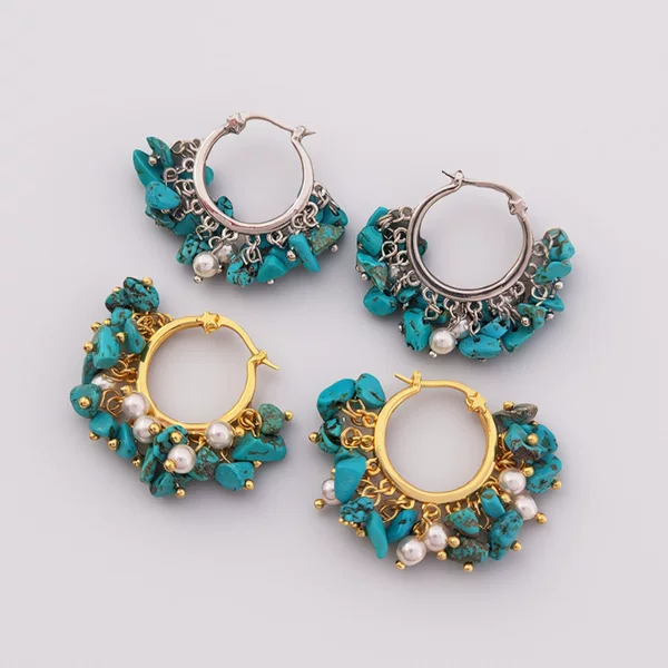European and American fashion style turquoise tassel earrings, round copper hoop with crushed stones, handmade bohemian vintage earrings