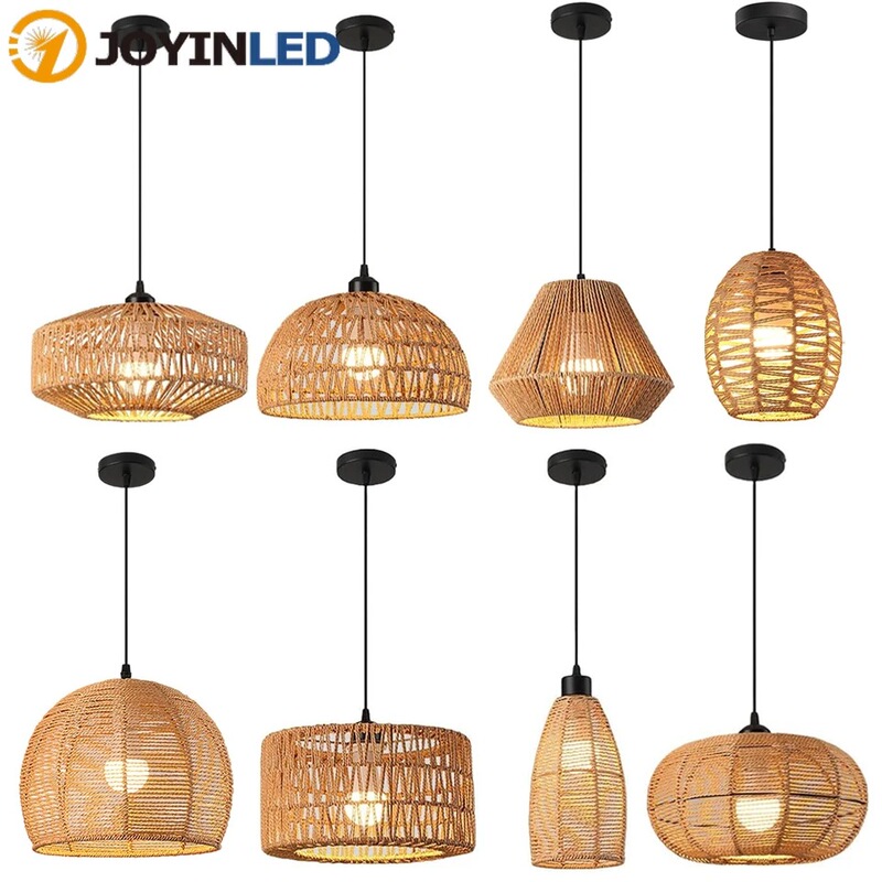 Bohemian Rattan Pendant Light, Wicker Chandelier, Woven Lampshade, Ceiling Hanging Light for Living Room, Bedroom, Hallway, Kitchen E2