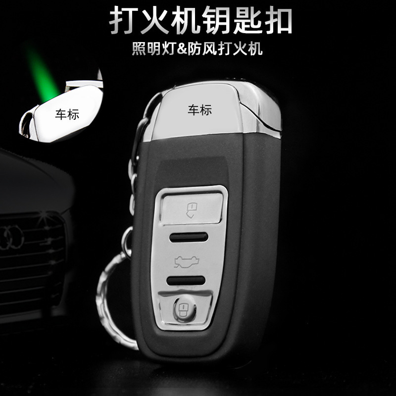 Gold star keychain windproof gas lighter car logo keychain creative personality with flashlight green light lighter