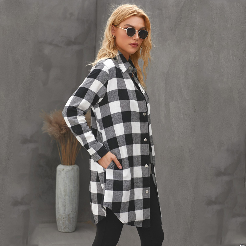 Shiying camisa abrigo de mujer Otoño e Invierno Nueva cardigan de manga larga solapa botón a presión de las mujeres Camisa de cuadros europeos y americanos