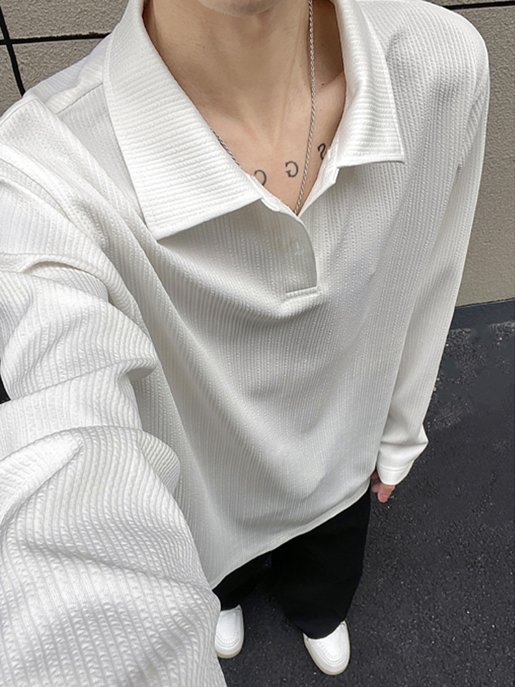 Men's Wrinkled Texture Long-sleeved Polo Shirt Solid Colour Base_voghion.com