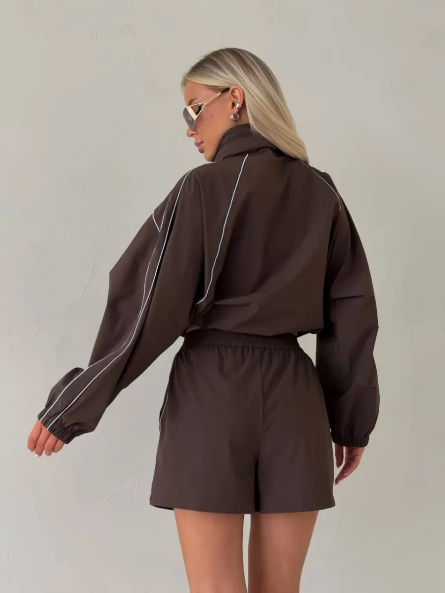 Women's Two Piece Set Solid Long Sleeve Zip Up Cardigan And Shorts_voghion.com