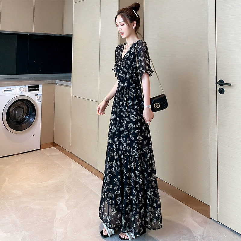 Шифоновое платье с цветочным принтом, новинка 2024 года, летнее платье в лесном стиле, французское платье длиной до щиколотки, черное платье для похудения для женщин