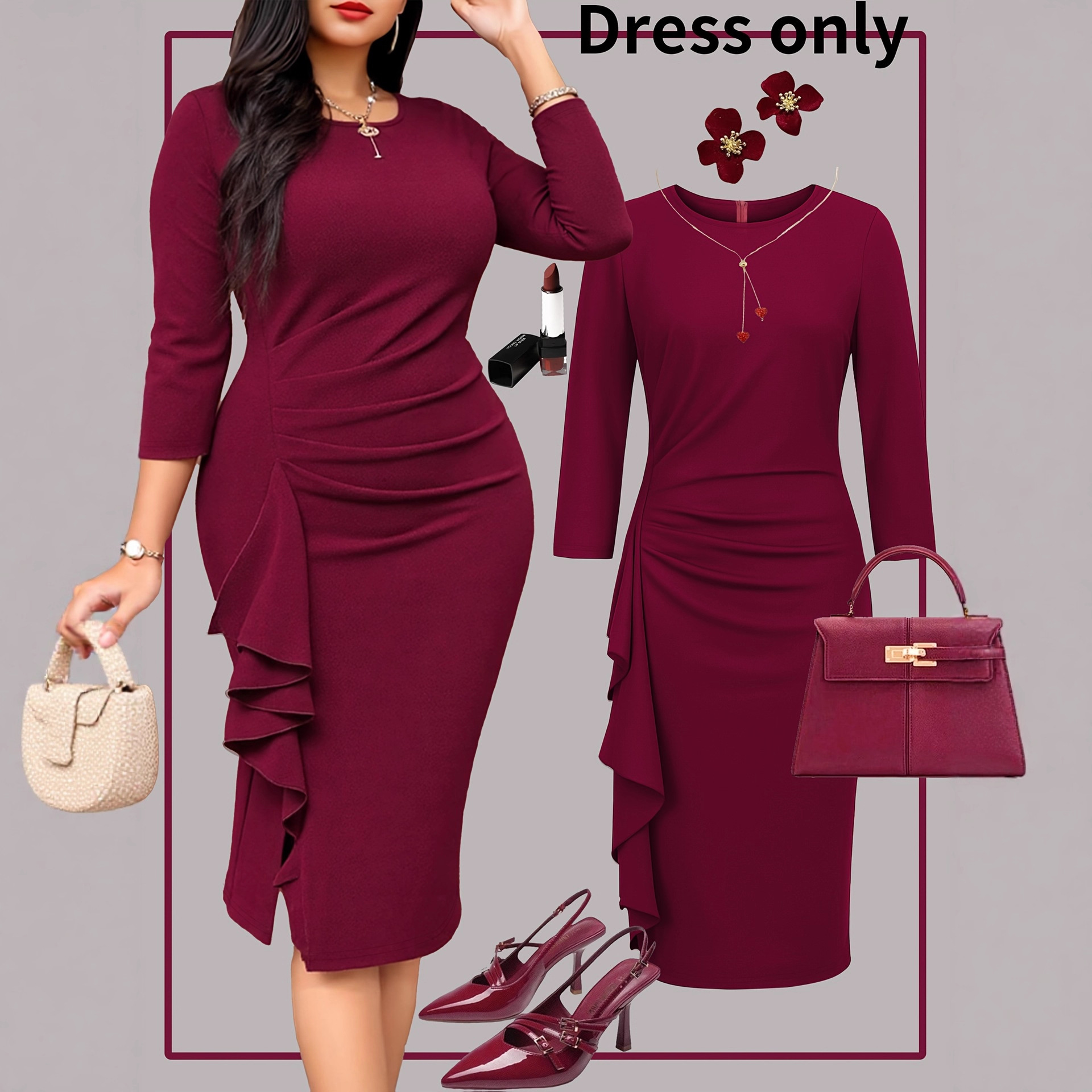European and American Autum Amazon Women's Elegant Slim Round Neck Long-Sleeved Dress Women's High-End Evening Dress