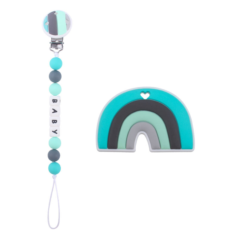 Bebé de dibujos animados clip de arco iris de silicona calmante bebé de dibujos animados arco iris de silicona teether palo de juguete