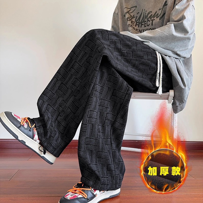 扎染格子灯芯绒直筒裤男加绒加厚宽松卫裤秋冬港风阔腿运动裤子潮