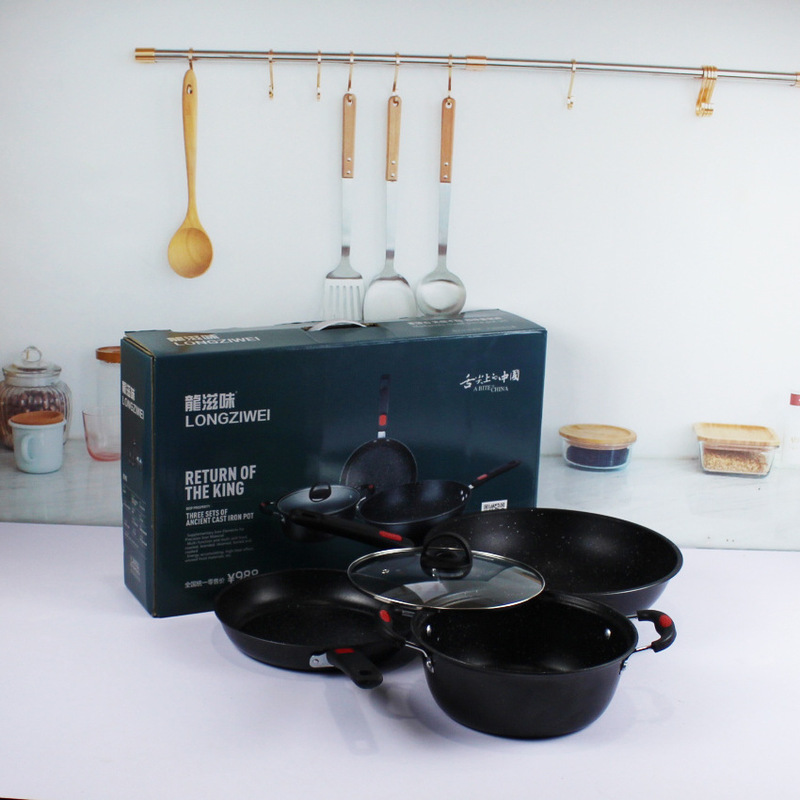 麦飯石無煙無粘炒め鍋三点セットガスコンロ電磁ストーブ通用炒め鍋セットプレゼント卸売り|undefined