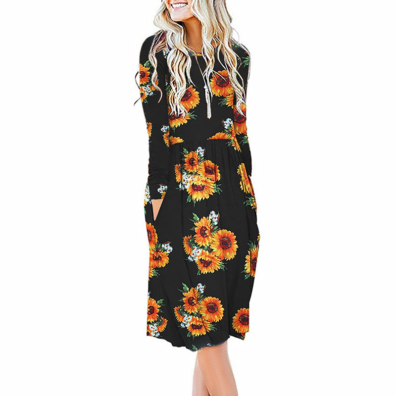 autumn and winter women s printed long-sleeved round neck waist dress nihaostyles clothing wholesale NSZH71388