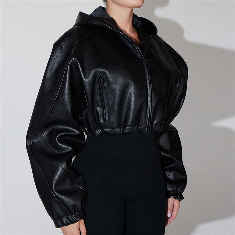 Trendy Faux Leather Hooded Cropped Jacket For Women - Streetwear Biker Style Zippered Long Sleeve Top_ecoleips.com