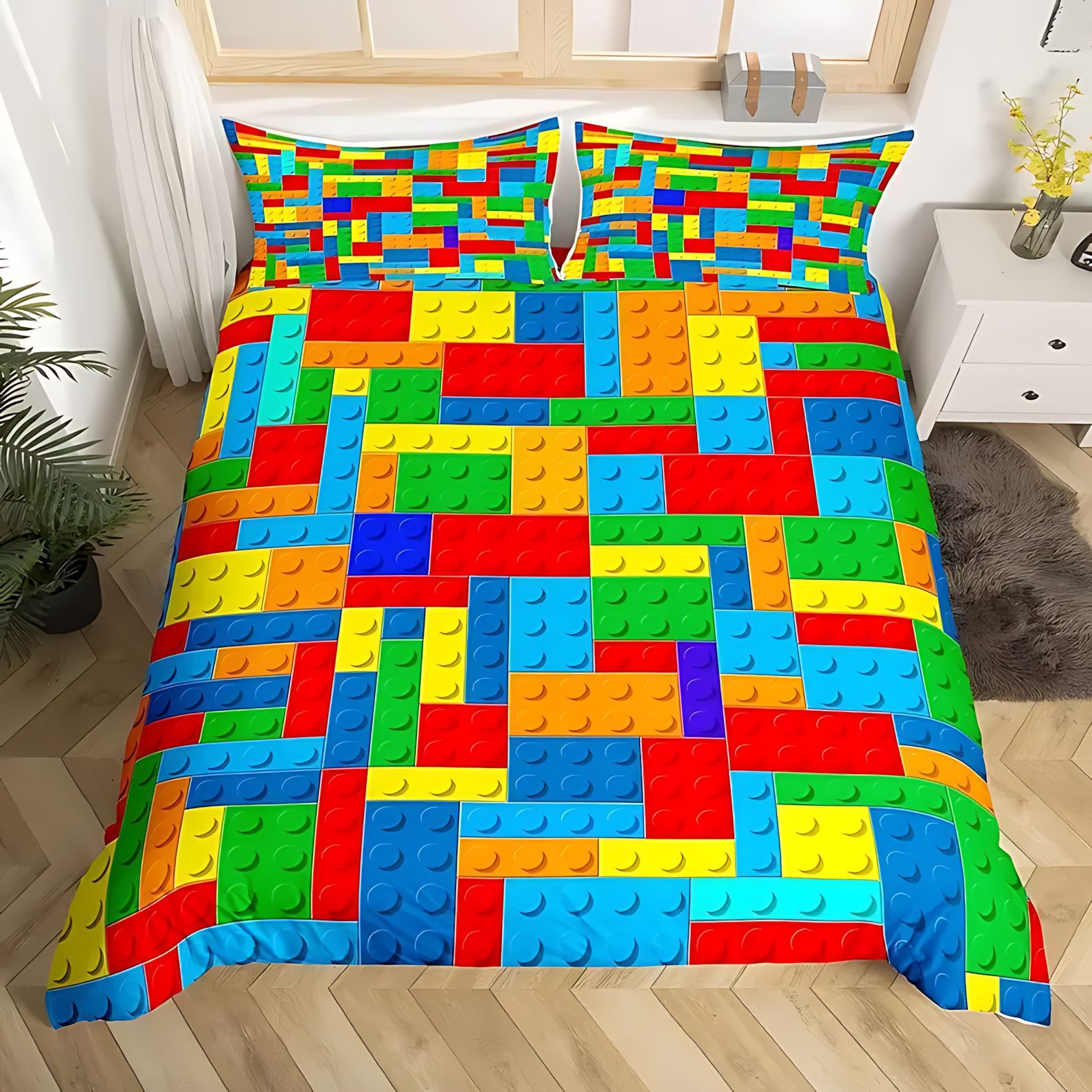 TEMU / JIT comercio exterior bloques de construcción coloridos enclavamiento de alta definición impresión digital abrasión colcha de cama set