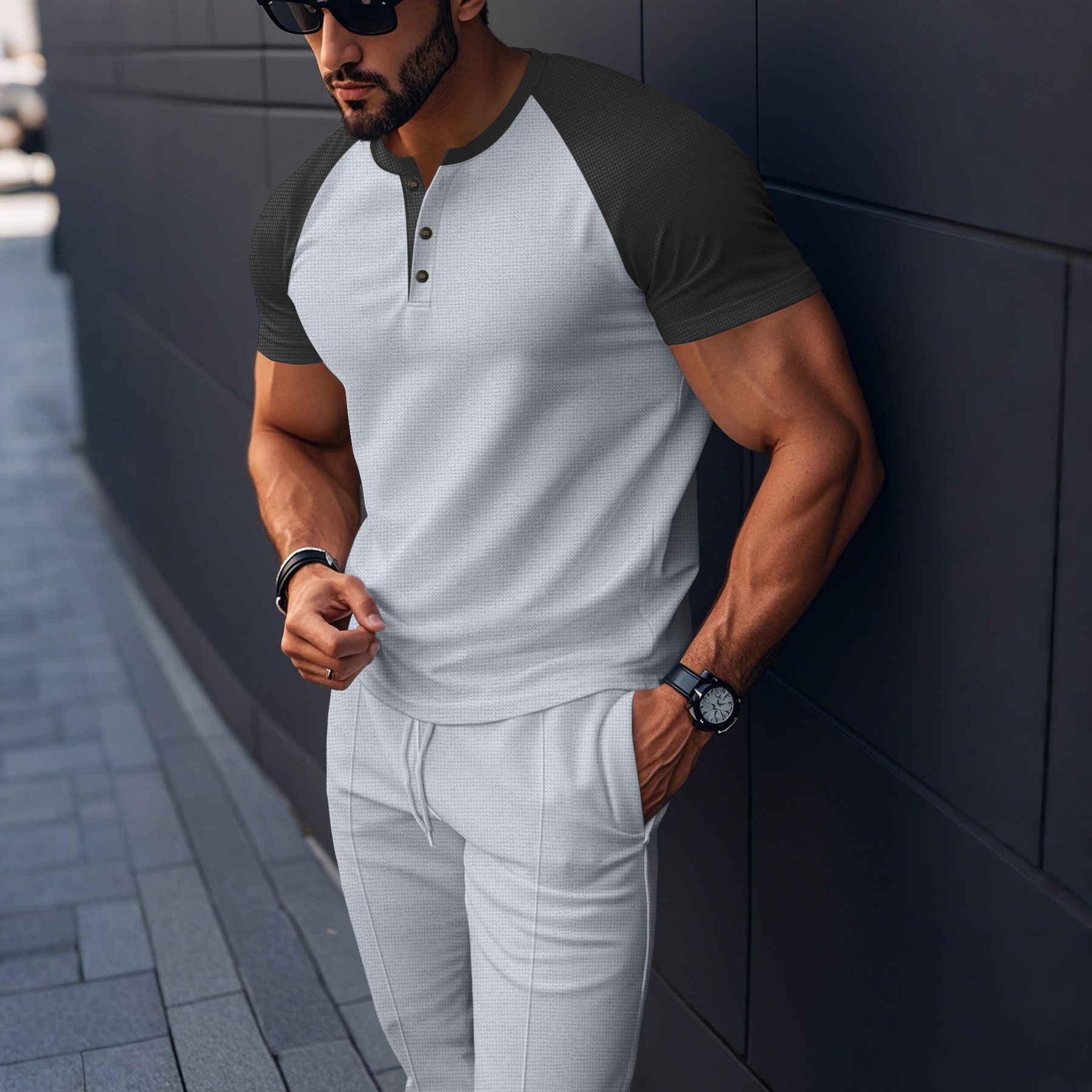 Men's Clothing Men's Summer Waffle Knit Crew Neck Color Block T-Shirt Short Sleeve Casual Outdoor Set For Formal & Casual_viptrois.com