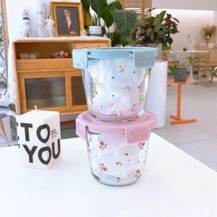 Glass lunchbox round preservation bowl, microwaveable, with lid soup bowl, student portable, office worker household preservation container