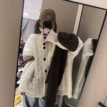 26115-166   懒懒松弛调~ 立领翻领两穿麻花棒针中长款毛衣