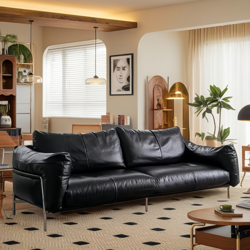 Bauhaus Hammer Sofa Black Minimalist Sofa Oil Wax Leather Home Living Room Mid-Century Style High-End Straight Sofa