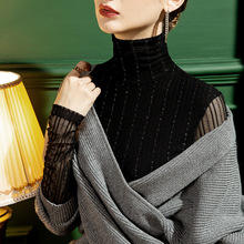 秋季新款高领蕾丝打底衫女亮丝修身内搭条纹黑色长袖洋气上衣