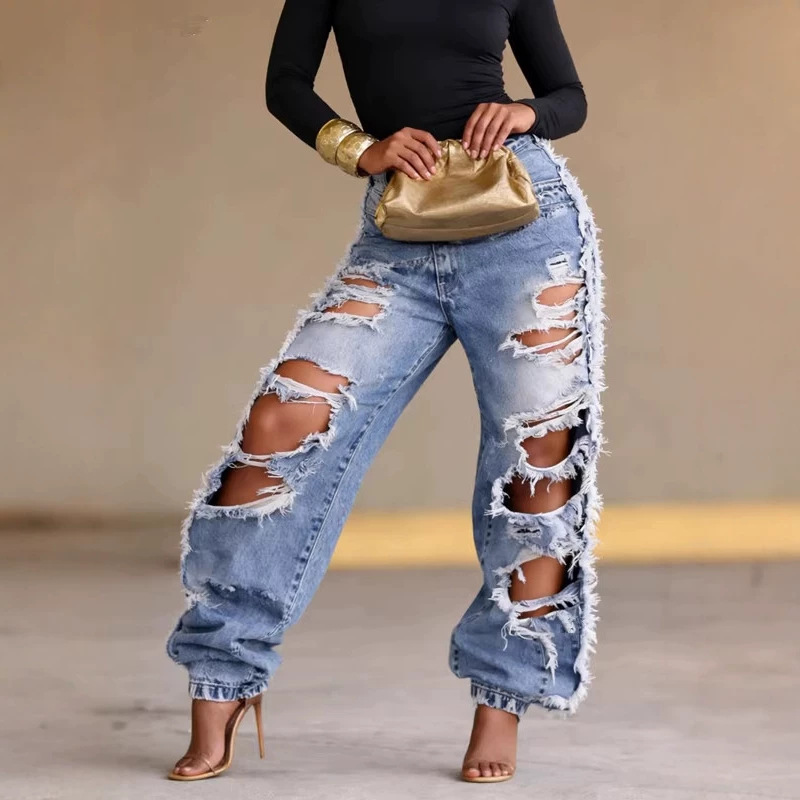 European and American Cross-Border Ripped Jeans, High-Waisted, Jogger-Style, Fashion Blogger's Same Style, Trendy Street Style Outfit, Slimming Magic Pants