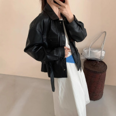 宋佳翻领收腰皮衣外套女短款小个子洋气pu皮夹克上衣大翻领