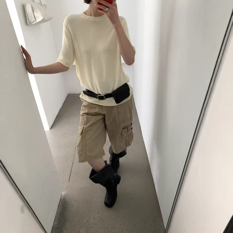 On Line Korean Style Retro High-Waisted Casual Shorts for Women, Summer Slimming Versatile Wide-Leg Cargo Pants for Women 92777