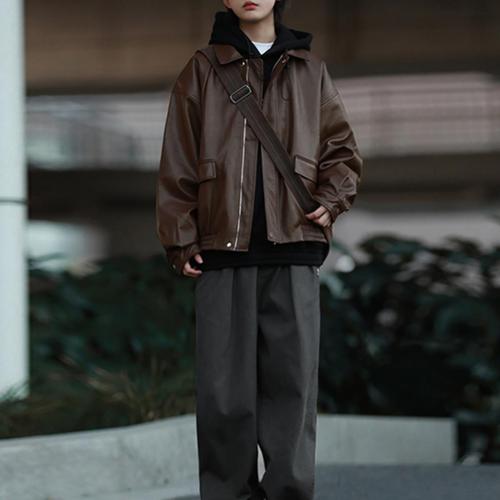 Autumn Streetwear American Leather Jacket Men Spring and Autumn Style Windproof Bicycle Leather Jacket Workwear Outerwear Leather Jacket Cool Style