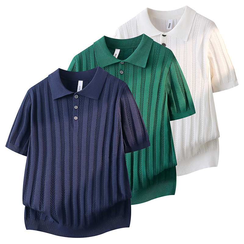 Polo camiseta de punto camiseta de manga corta hombre hueso de pescado estampado antiguo viento delgado camiseta de hielo seda de verano fábrica transfronteriza al por mayor