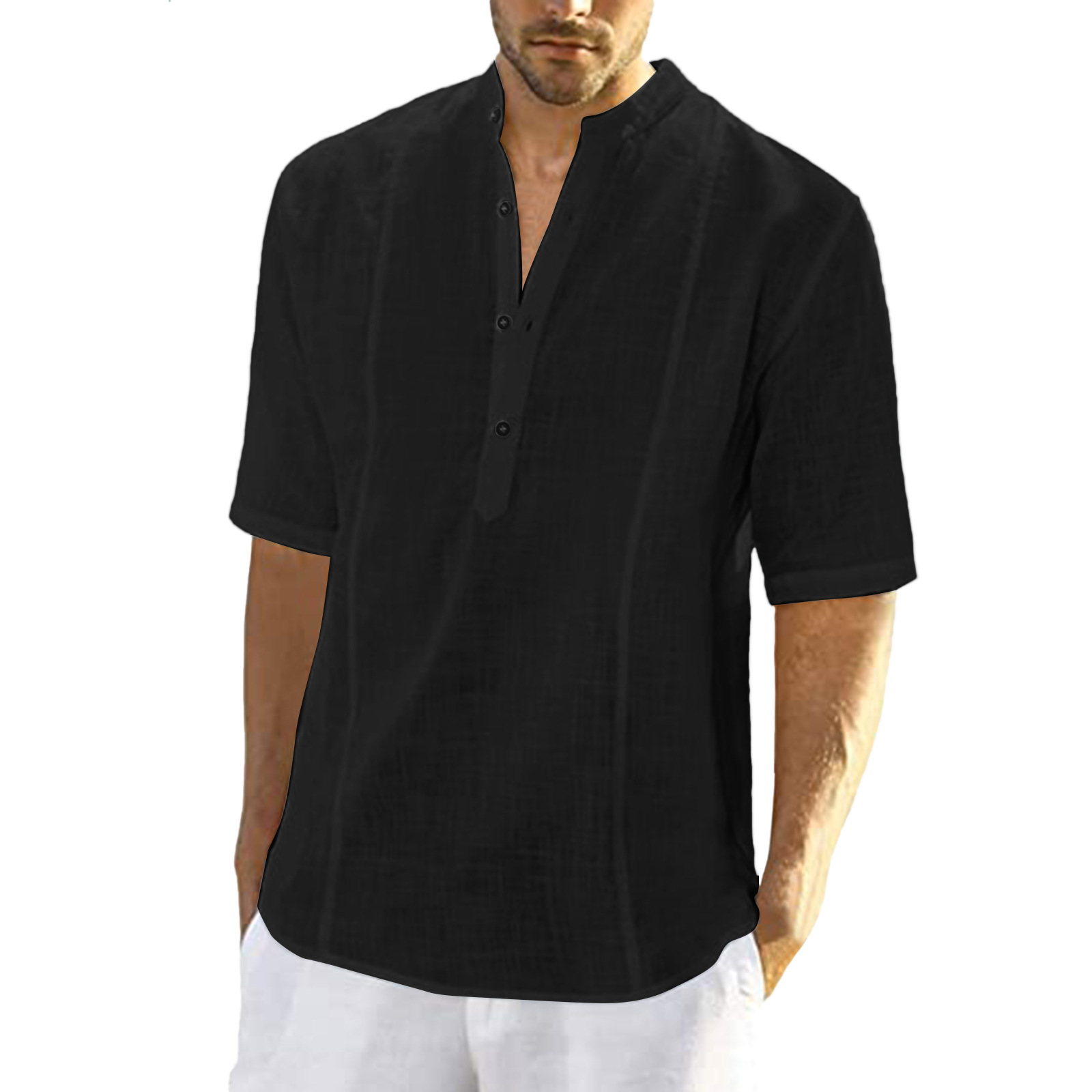 2023 Nueva camisa de lino informal cómoda con mangas medianas para ropa de hombre_voghion.com