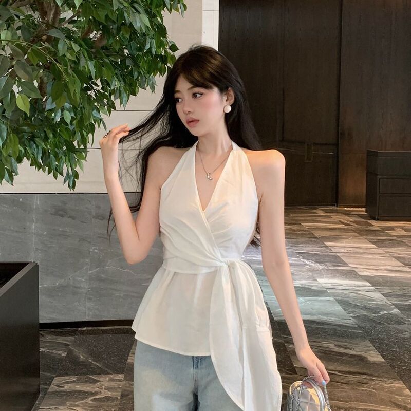 Pure Desire Style Casual Tight Waist Strap Elegant V-neck Shirt Women's Summer Sexy Neck Sleeveless Shirt Vest Top Pure Desire Style Casual Tight Waist Strap Elegant V-neck Shirt Women's Summer Sexy Neck Sleeveless Shirt Vest Top