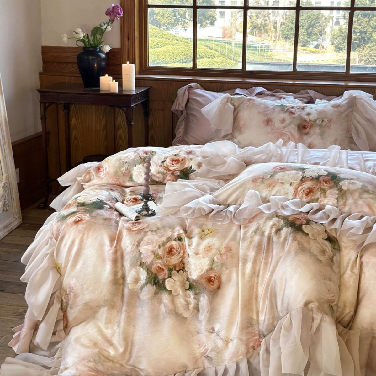 Nordic French Vintage Boho French-style Romantic Floral Lyocell Cotton Four-piece Set, Spring-summer Cool Vintage-style Printed Silky Duvet Cover_voghion.com