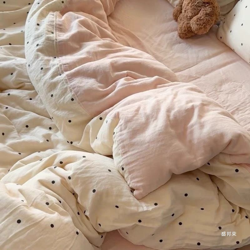 Ins Cream Polka Dot Washed Cotton Four-Piece Set A-Type Skin-Friendly Soft Bed Bed Sheets Quilt Cover Student Dormitory Three-Piece Bedding Set