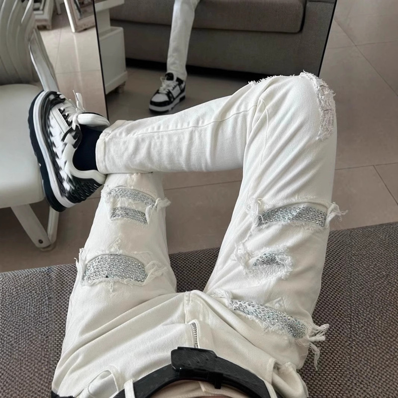 2025 High Street Trendy Brand Spring New White Diamond-Encrusted Ripped Patch Jeans Men's Elastic Tight-Fitting Pants 2025 High Street Trendy Brand Spring New White Diamond-Encrusted Ripped Patch Jeans Men's Elastic Tight-Fitting Pants