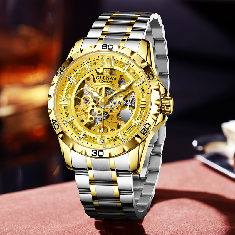 Đồng hồ nam thép không gỉ automatic lộ máy Glenn — Thắt lưng thép vàng 8718, Thắt lưng thép bạc 8718