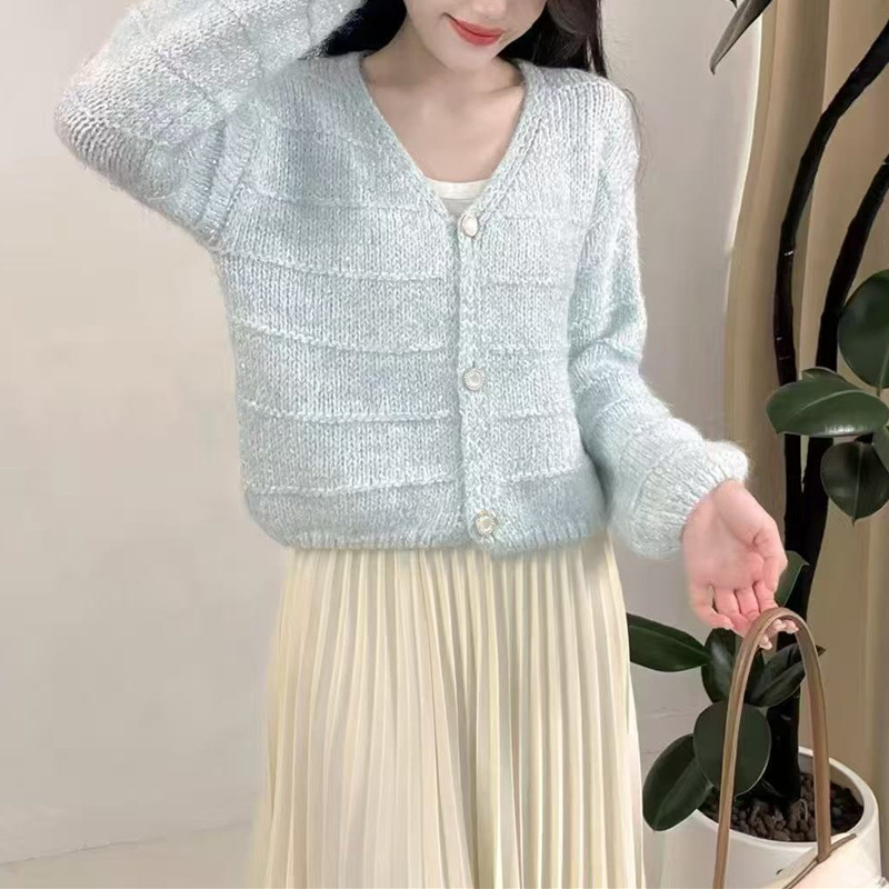 软糯纯色灯笼袖V领针织衫外套女2025秋冬款韩系慵懒风针织衫上衣|undefined